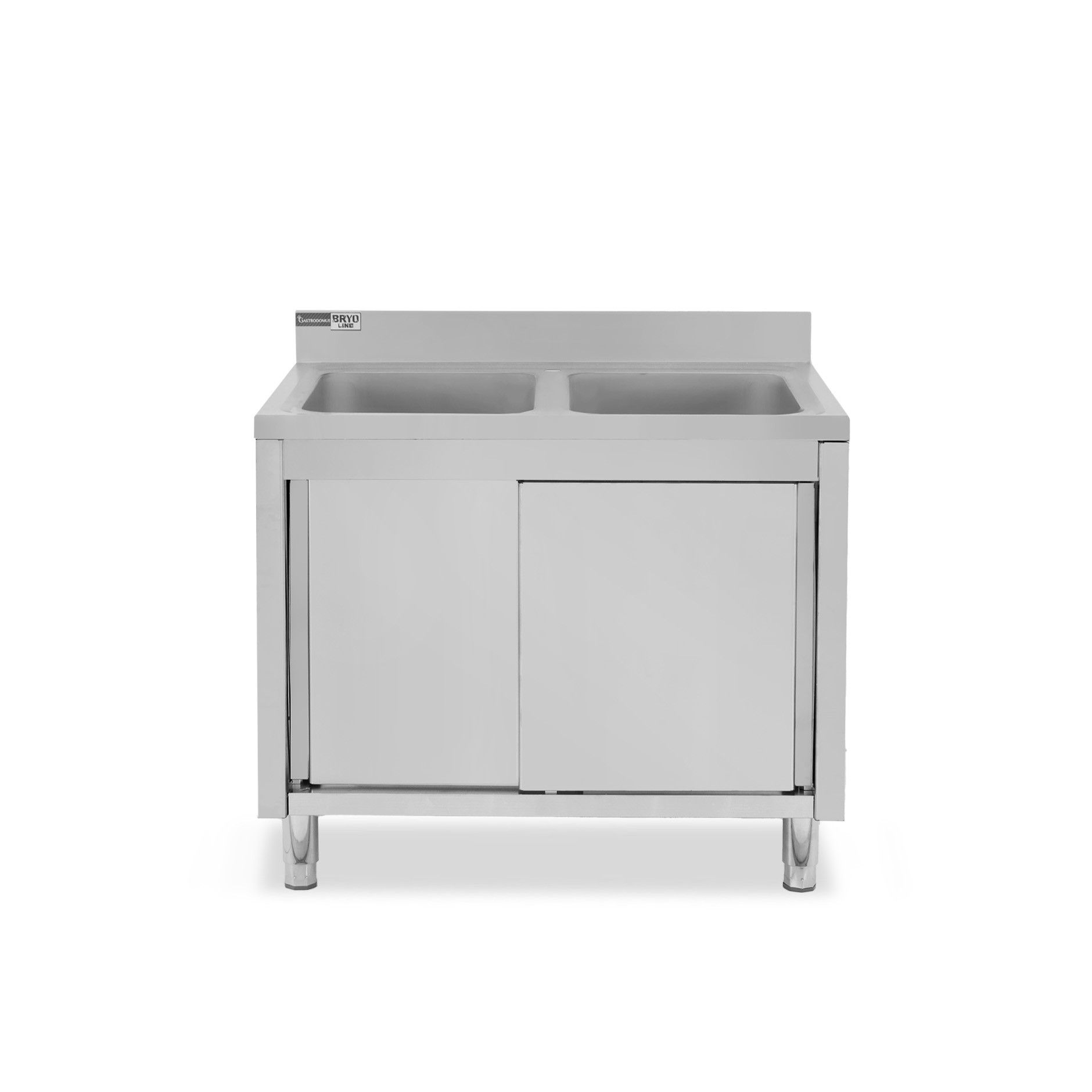 Fregadero con mueble inox con 2 puertas correderas, 2 cubetas y peto L1000mmxP600mmxA965mm con agujero para grifo Ø 32 mm