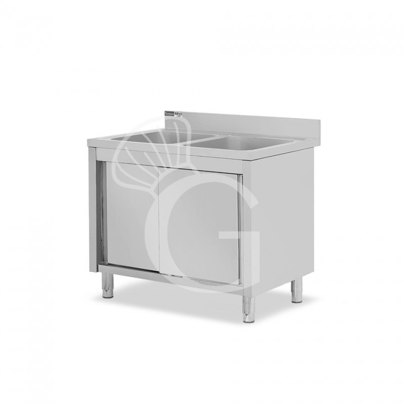 Fregadero con mueble inox con 2 puertas correderas, 2 cubetas y peto L1100mmxP600mmxA965mm con agujero para grifo Ø 32 mm