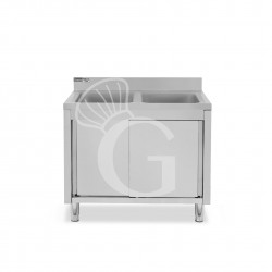 Fregadero con mueble inox con 2 puertas correderas, 2 cubetas y peto L1100mmxP600mmxA965mm con agujero para grifo Ø 32 mm