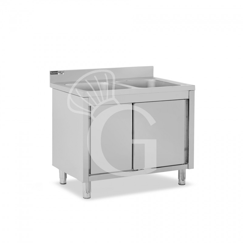 Fregadero con mueble inox con 2 puertas correderas, 2 cubetas y peto L1100mmxP600mmxA965mm con agujero para grifo Ø 32 mm
