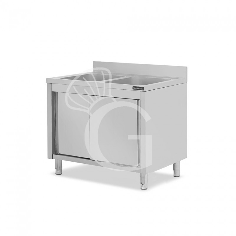 Fregadero con mueble inox 2 puertas correderas, peto, 2 cubetas L 1000 mm x P 600 mm x A 950 mm