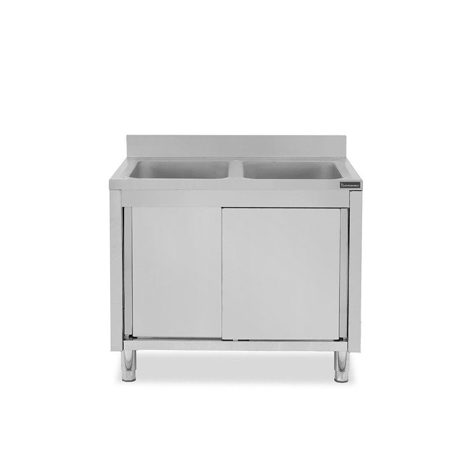 Fregadero con mueble inox 2 puertas correderas, peto, 2 cubetas L 1000 mm x P 600 mm x A 950 mm