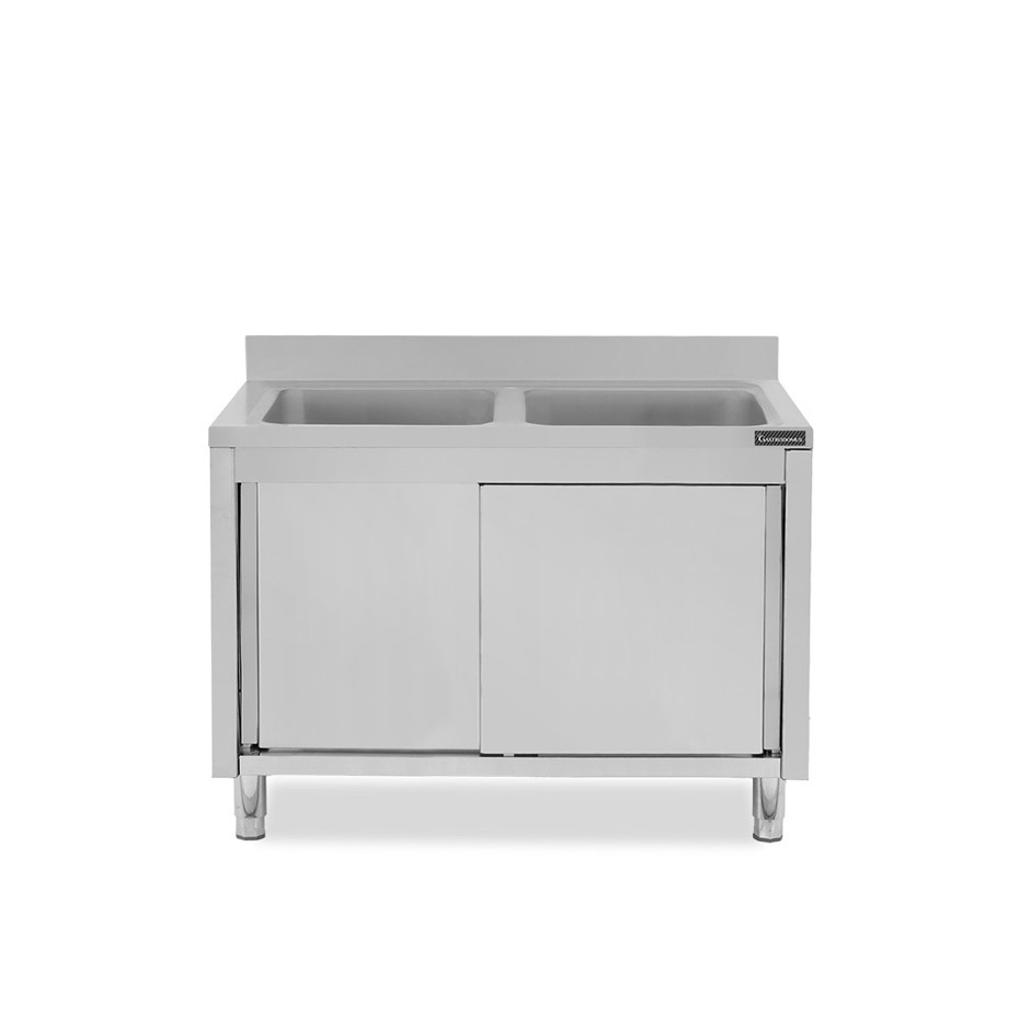 Fregadero con mueble inox 2 puertas correderas, peto, 2 cubetas L 1200 mm x P 600 mm x A 950 mm