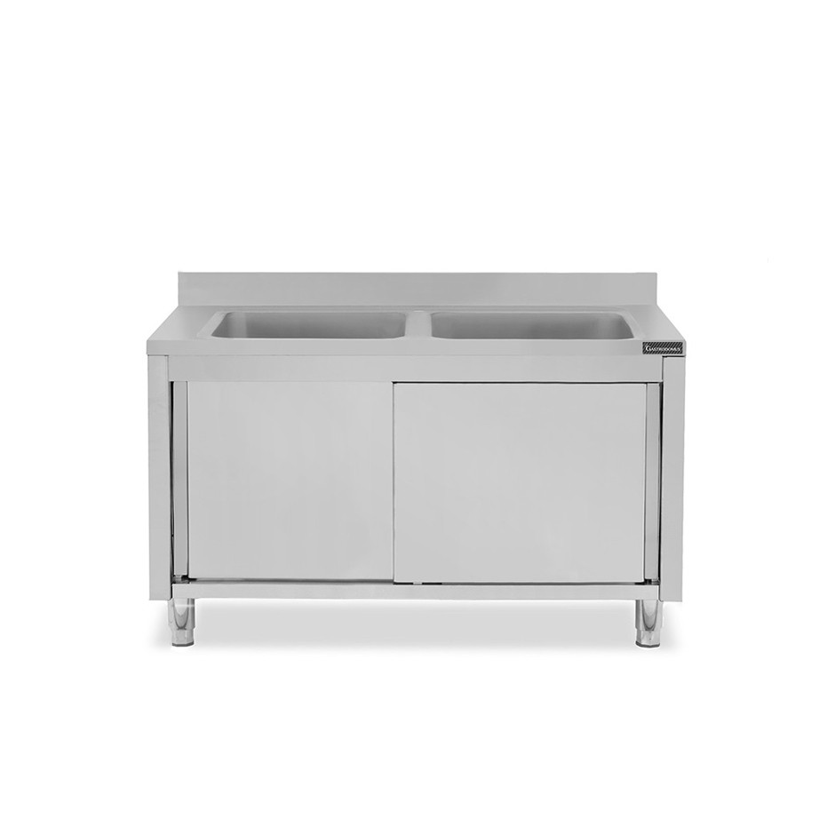 Fregadero con mueble inox con 2 puertas correderas, 2 cubetas y peto L 1600 mm x P 600 mm x A 950 mm