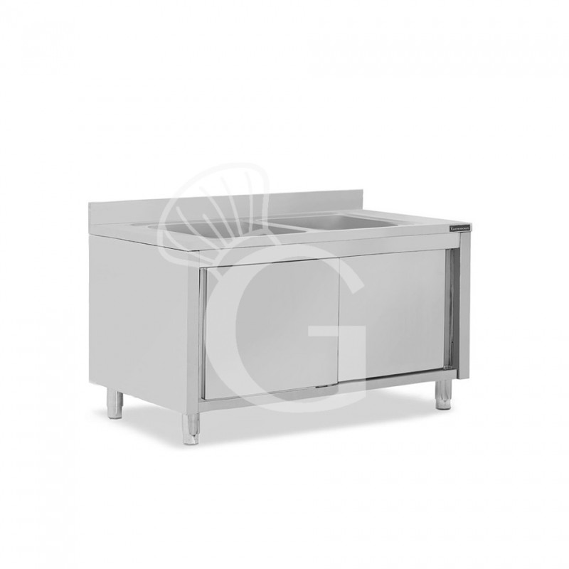 Fregadero con mueble inox con 2 puertas correderas, 2 cubetas y peto L 1600 mm x P 600 mm x A 950 mm