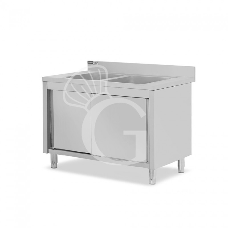 Fregadero con mueble inox con 2 puertas correderas, 2 cubetas y peto L1200mmxP600mmxA965mm con agujero para grifo Ø 32 mm