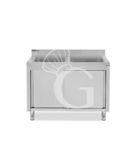 Fregadero con mueble inox con 2 puertas correderas, 2 cubetas y peto L1200mmxP600mmxA965mm con agujero para grifo Ø 32 mm