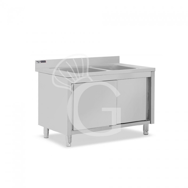 Fregadero con mueble inox con 2 puertas correderas, 2 cubetas y peto L1300mmxP600mmxA965mm con agujero para grifo Ø 32 mm