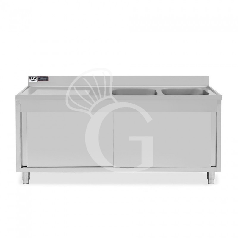 Fregadero con mueble de acero inox, 2 puertas, 2 cubetas, escurridor a la izquierda L1900xP700xA965-agujero para el grifo Ø32mm