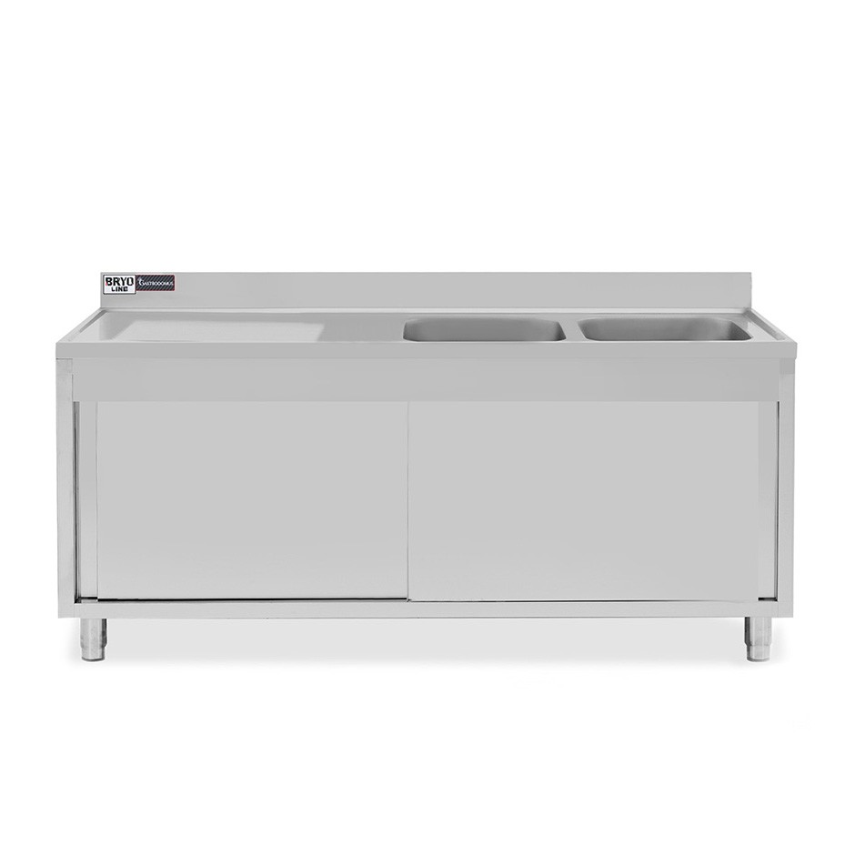 Fregadero con mueble de acero inox, 2 puertas, 2 cubetas, escurridor a la izquierda L1900xP700xA965-agujero para el grifo Ø32mm