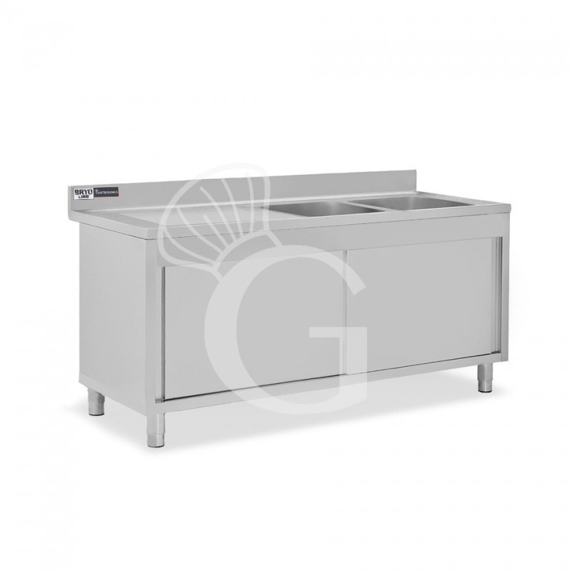 Fregadero con mueble de acero inox, 2 puertas, 2 cubetas, escurridor a la izquierda L1900xP700xA965-agujero para el grifo Ø32mm