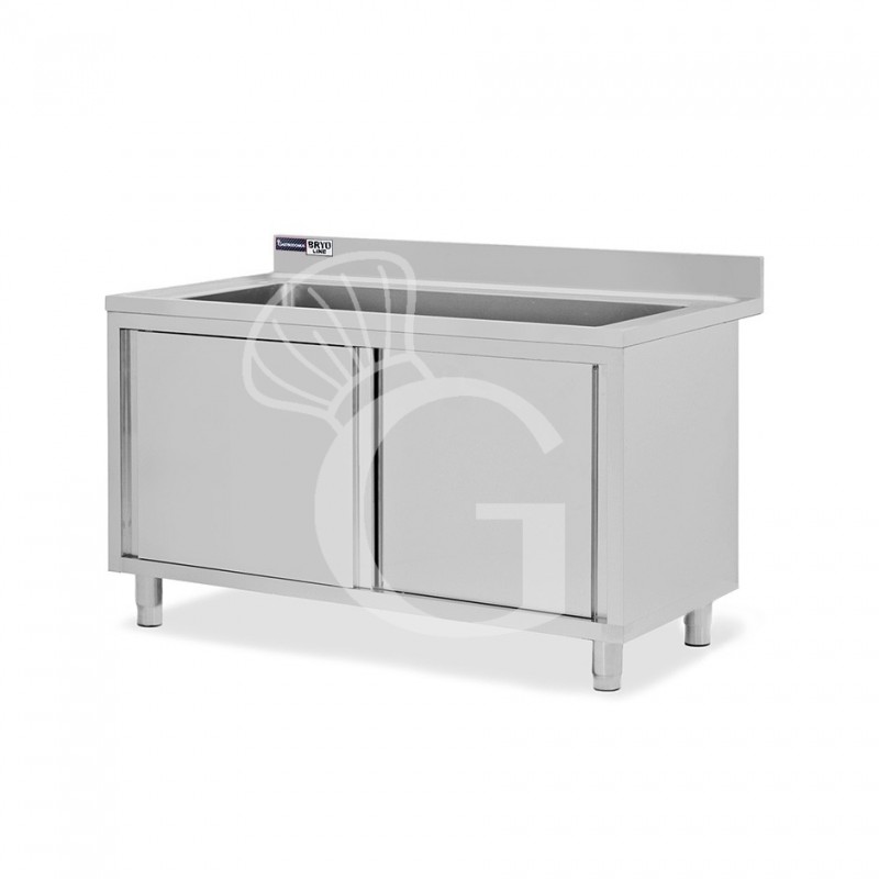 Fregadero utensilios acero inox  2 puertas correderas, peto,1 seno L1600 mm x P600 mm x H965 mm con orificio para grifo Ø 32 mm