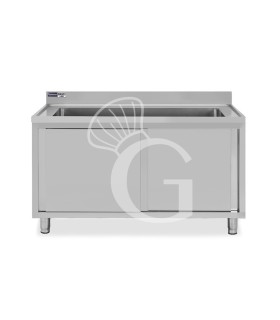 Fregadero utensilios acero inox  2 puertas correderas, peto,1 seno L1600 mm x P600 mm x H965 mm con orificio para grifo Ø 32 mm