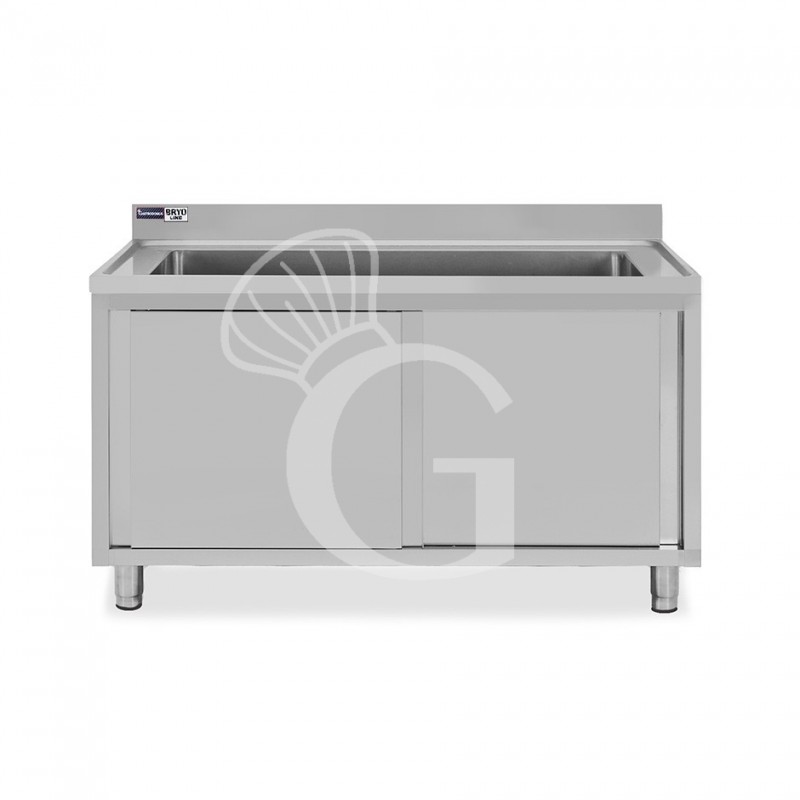 Fregadero utensilios acero inox  2 puertas correderas, peto,1 seno L1600 mm x P600 mm x H965 mm con orificio para grifo Ø 32 mm