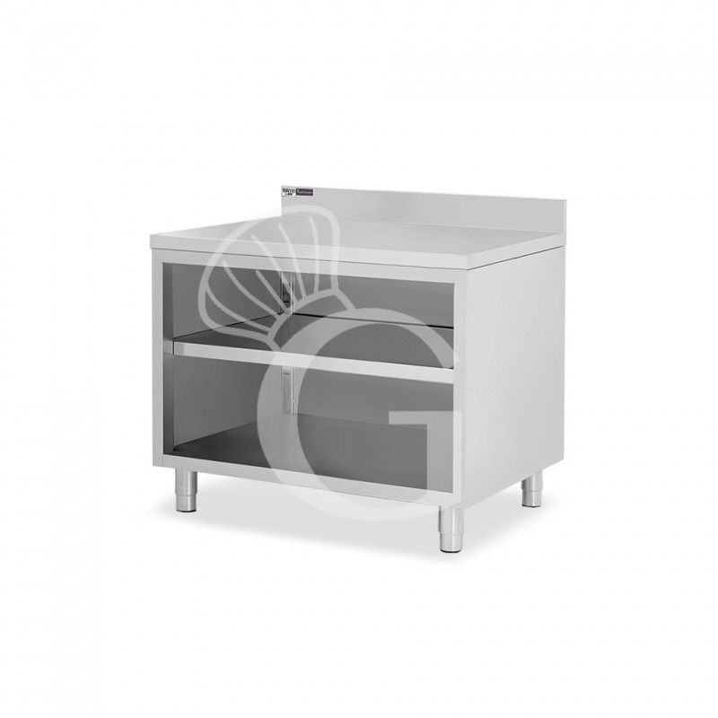 Mesa contrabarra de acero inoxidable con 2 estantes y peto L 1100 mm x P 700 mm x A 965 mm