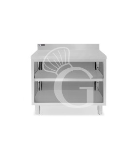 Mesa contrabarra de acero inoxidable con 2 estantes y peto L 1100 mm x P 700 mm x A 965 mm