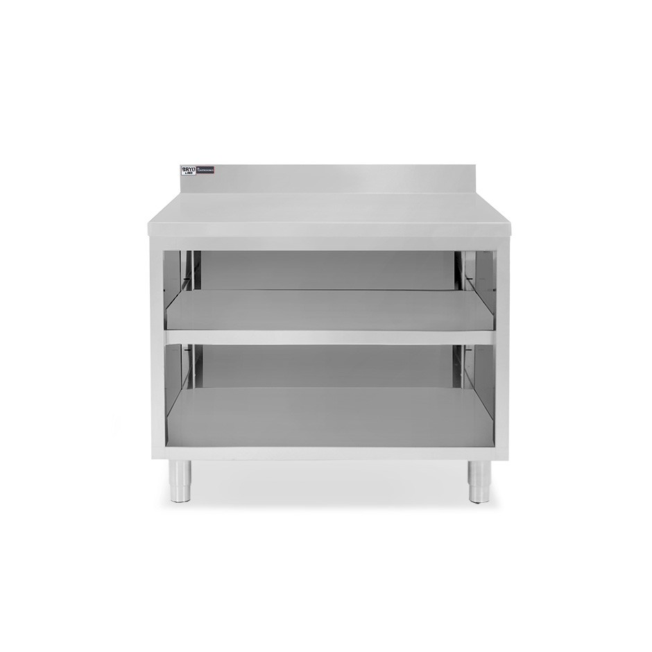 Mesa contrabarra de acero inoxidable con 2 estantes y peto L 1100 mm x P 700 mm x A 965 mm