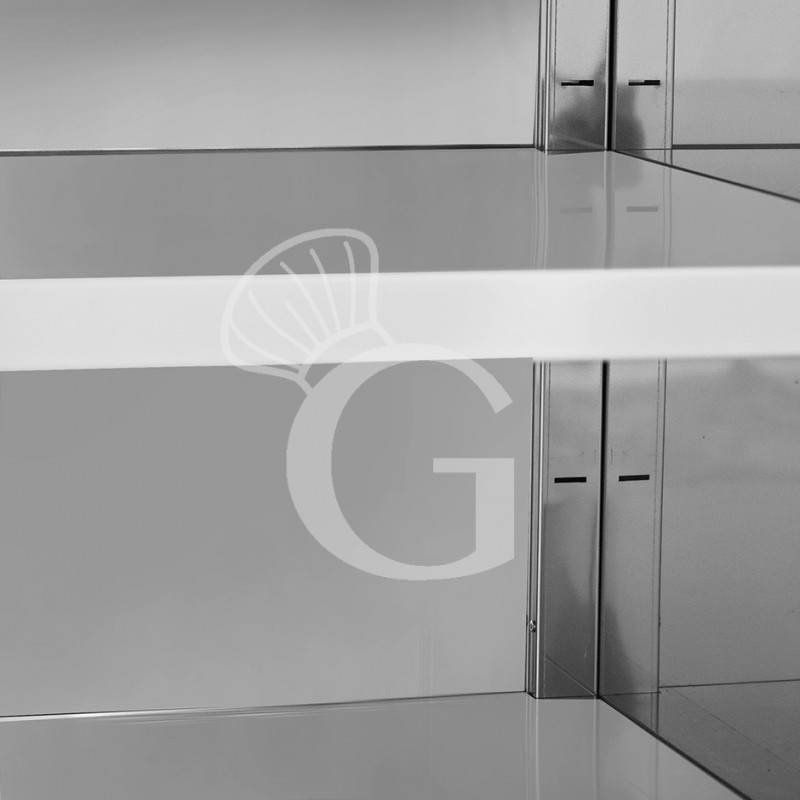 Mesa contrabarra de acero inoxidable con 2 estantes y peto L 1100 mm x P 700 mm x A 965 mm