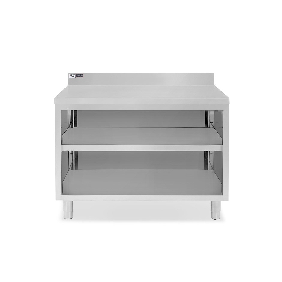 Mesa contrabarra de acero inoxidable con 2 estantes y peto L 1200 mm x P 700 mm x A 965 mm