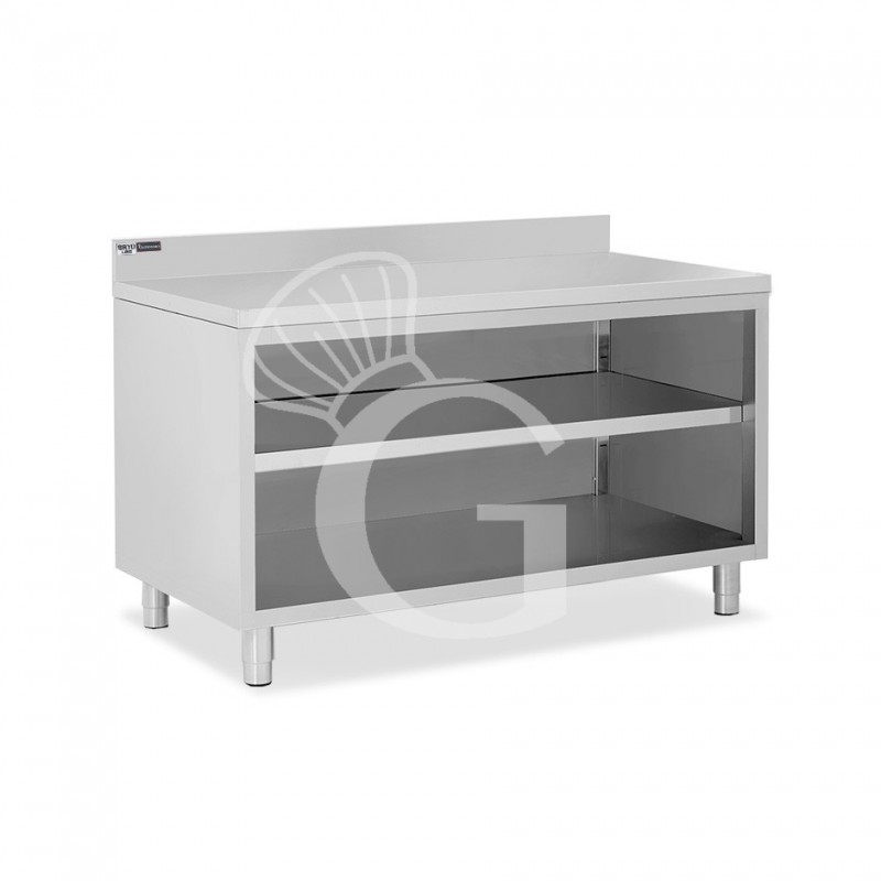 Mesa contrabarra de acero inoxidable con 2 estantes y peto L 1700 mm x P 600 mm x A 965 mm