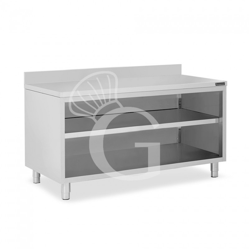 Mesa contrabarra de acero inoxidable con 2 estantes y peto L 2000 mm x P 700 mm x A 950 mm