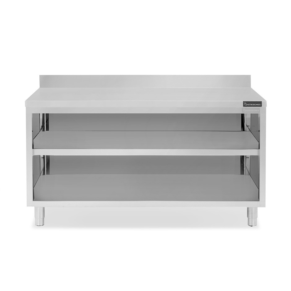 Mesa contrabarra de acero inoxidable con 2 estantes y peto L 1900 mm x P 700 mm x A 950 mm