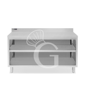 Mesa contrabarra de acero inoxidable con 2 estantes y peto L 2000 mm x P 600 mm x A 965 mm