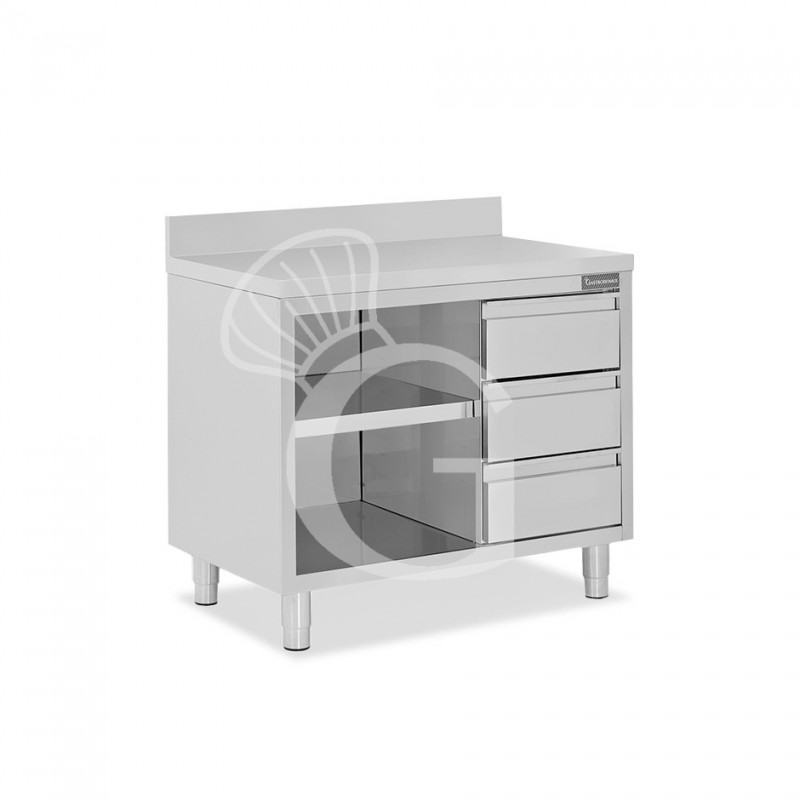 Mesa contrabarra de acero inoxidable 3 cajones a la derecha y peto L 1200 mm x P 600 mm x A 950 mm