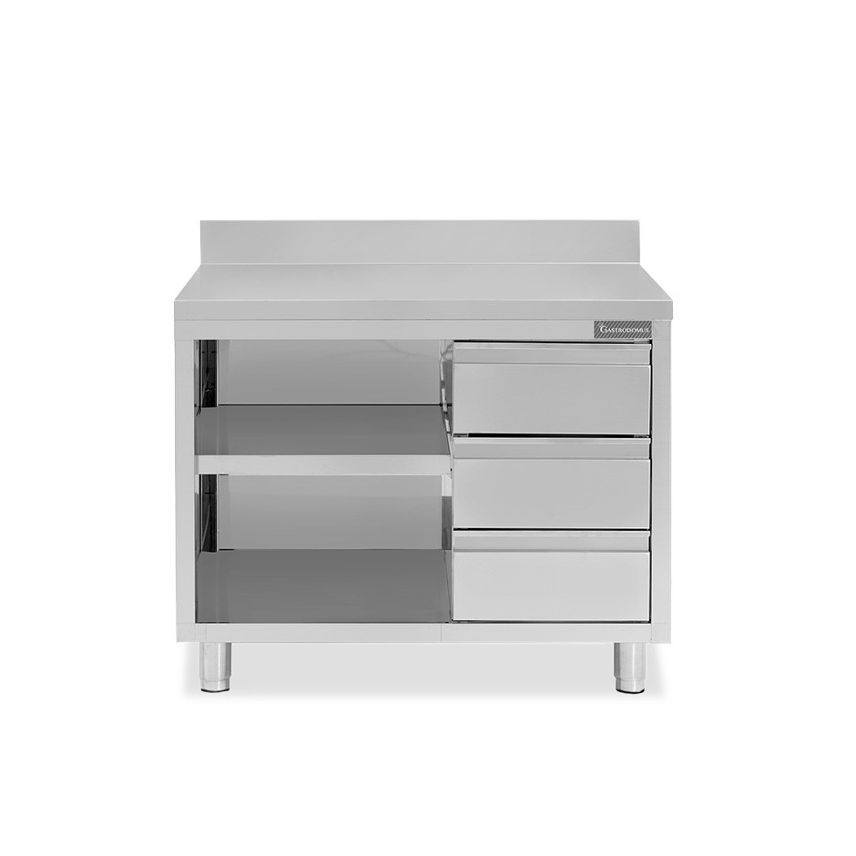 Mesa contrabarra de acero inoxidable 3 cajones a la derecha y peto L 1000 mm x P 700 mm x A 950 mm
