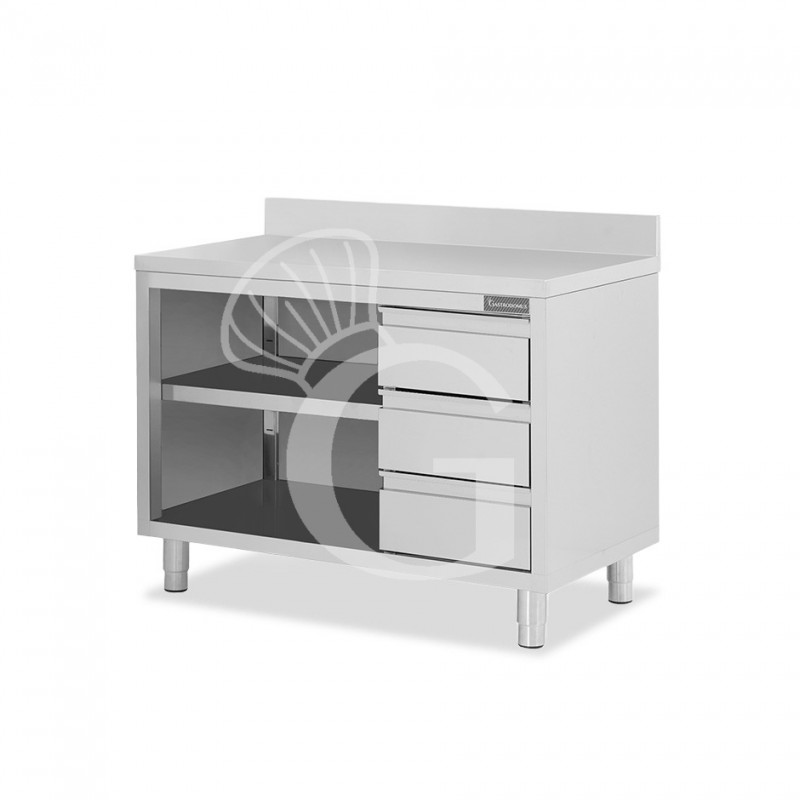 Mesa contrabarra de acero inoxidable 3 cajones a la derecha y peto L 1400 mm x P 600 mm x A 950 mm