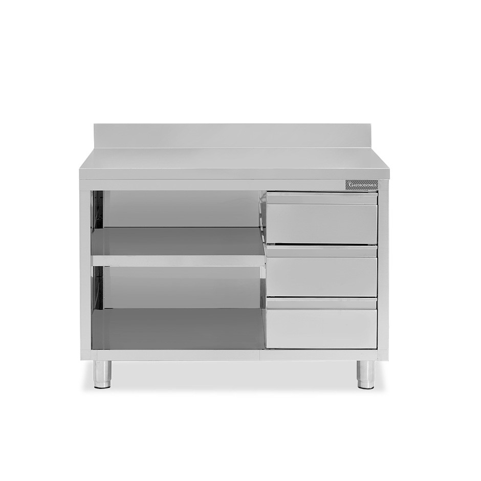 Mesa contrabarra de acero inoxidable 3 cajones a la derecha y peto L 1400 mm x P 700 mm x A 950 mm