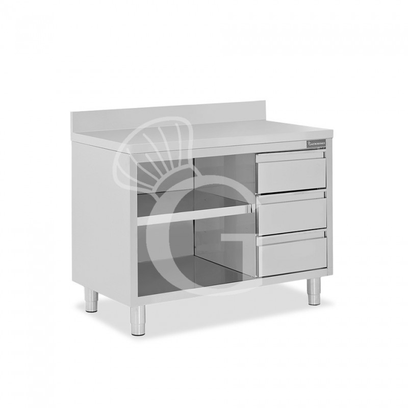 Mesa contrabarra de acero inoxidable 3 cajones a la derecha y peto L 1400 mm x P 700 mm x A 950 mm