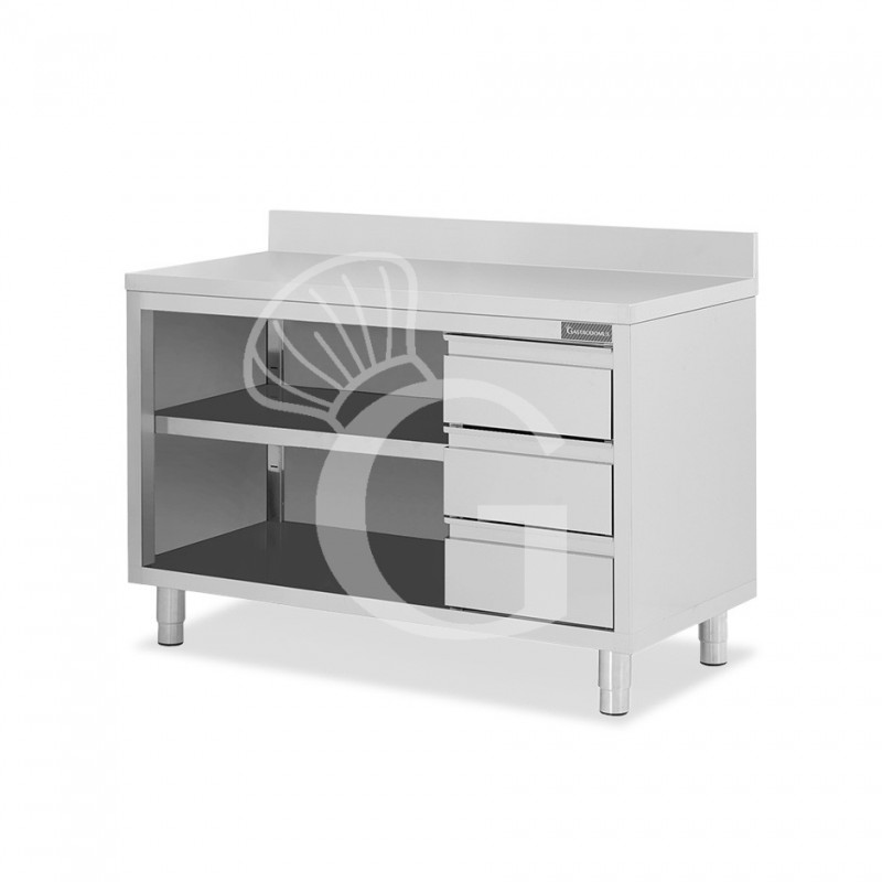 Mesa contrabarra de acero inoxidable 3 cajones a la derecha y peto L 1600 mm x P 700 mm x A 950 mm