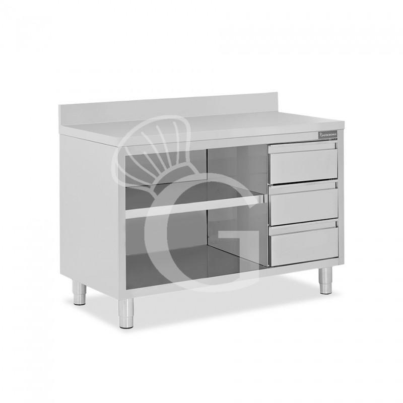 Mesa contrabarra de acero inoxidable 3 cajones a la derecha y peto L 1600 mm x P 700 mm x A 950 mm