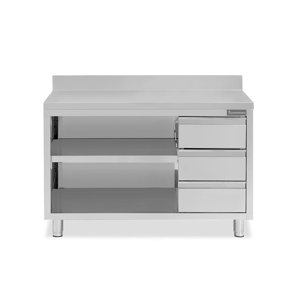 Mesa contrabarra de acero inoxidable 3 cajones a la derecha y peto L 1700 mm x P 700 mm x A 950 mm