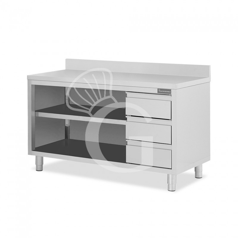 Mesa contrabarra de acero inoxidable 3 cajones a la derecha y peto L 1800 mm x P 700 mm x A 950 mm