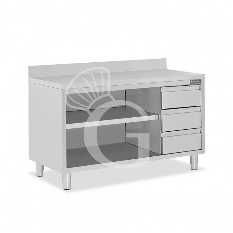 Mesa contrabarra de acero inoxidable 3 cajones a la derecha y peto L 1800 mm x P 700 mm x A 950 mm