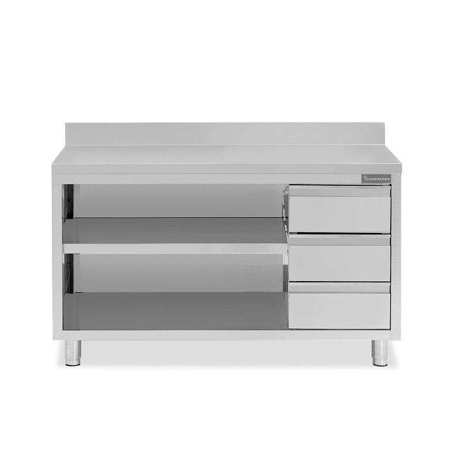 Mesa contrabarra de acero inoxidable 3 cajones a la derecha y peto L 1900 mm x P 700 mm x A 950 mm