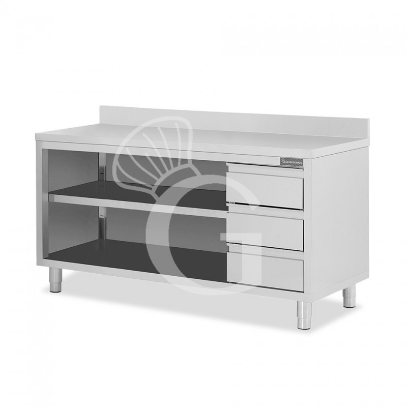 Mesa contrabarra de acero inoxidable 3 cajones a la derecha y peto L 2100 mm x P 600 mm x A 950 mm