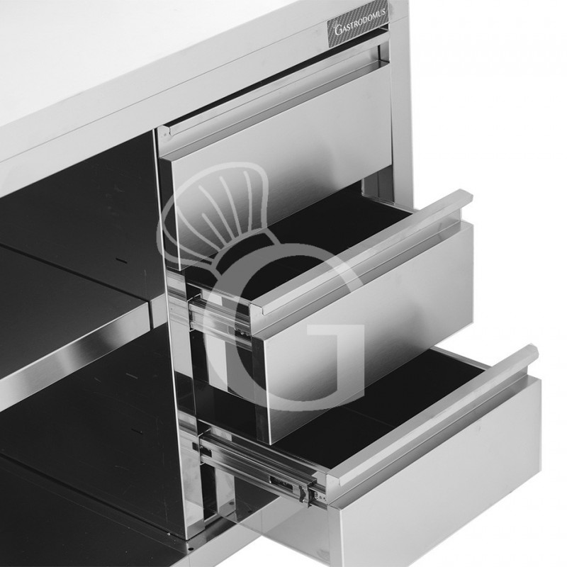 Mesa contrabarra de acero inoxidable 3 cajones a la derecha y peto L 2300 mm x P 700 mm x A 950 mm