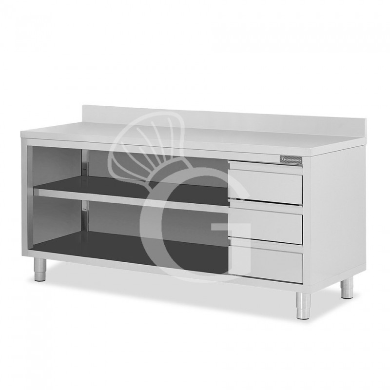 mesa contrabarra de acero inoxidable 3 cajones a la derecha y peto l 2400 mm x p 600 mm x a 950 mm