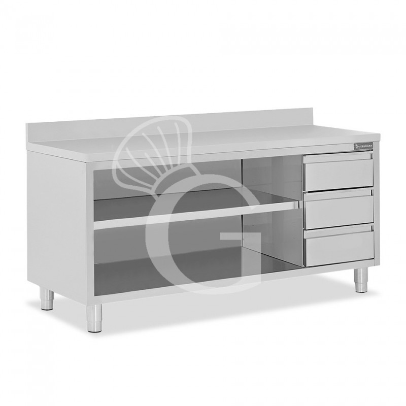 mesa contrabarra de acero inoxidable 3 cajones a la derecha y peto l 2400 mm x p 600 mm x a 950 mm