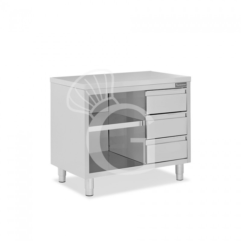 Mesa contrabarra de acero inoxidable con 3 cajones en el lado derecho L 1000 mm x P 600 mm x A 850 mm