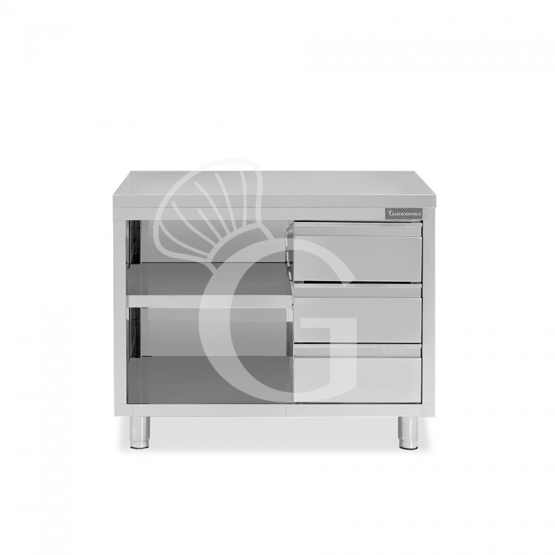 Mesa contrabarra de acero inoxidable con 3 cajones en el lado derecho L 1200 mm x P 600 mm x A 850 mm