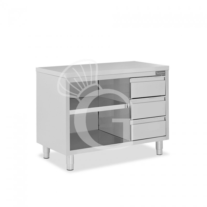 Mesa contrabarra de acero inoxidable con 3 cajones en el lado derecho L 1400 mm x P 600 mm x A 850 mm