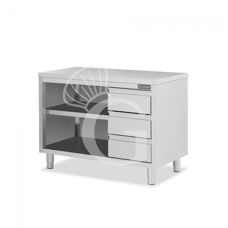 Mesa contrabarra de acero inoxidable 3 cajones en el lado derecho L 1400 mm x P 700 mm x A 850 mm