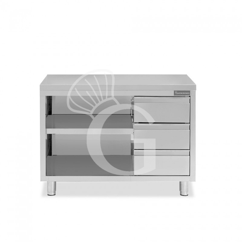 Mesa contrabarra de acero inoxidable con 3 cajones en el lado derecho L 1500 mm x P 600 mm x A 850 mm