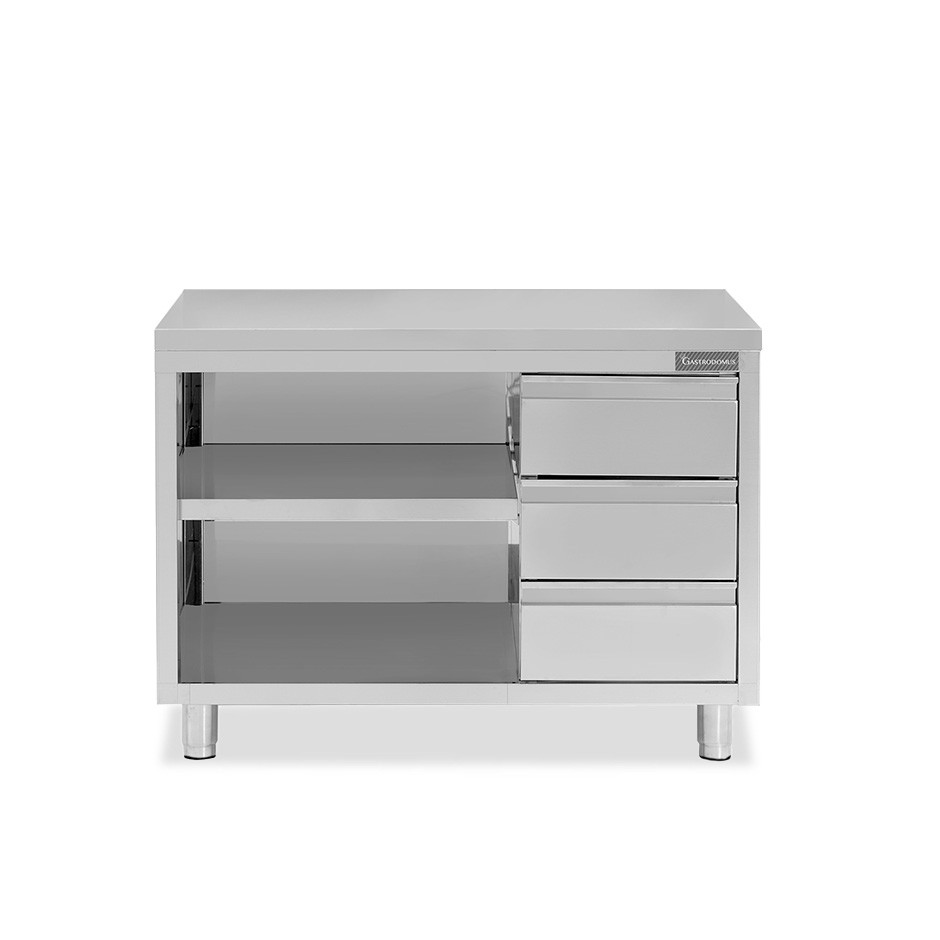 Mesa contrabarra de acero inoxidable 3 cajones en el lado derecho L 1500 mm x P 700 mm x A 850 mm