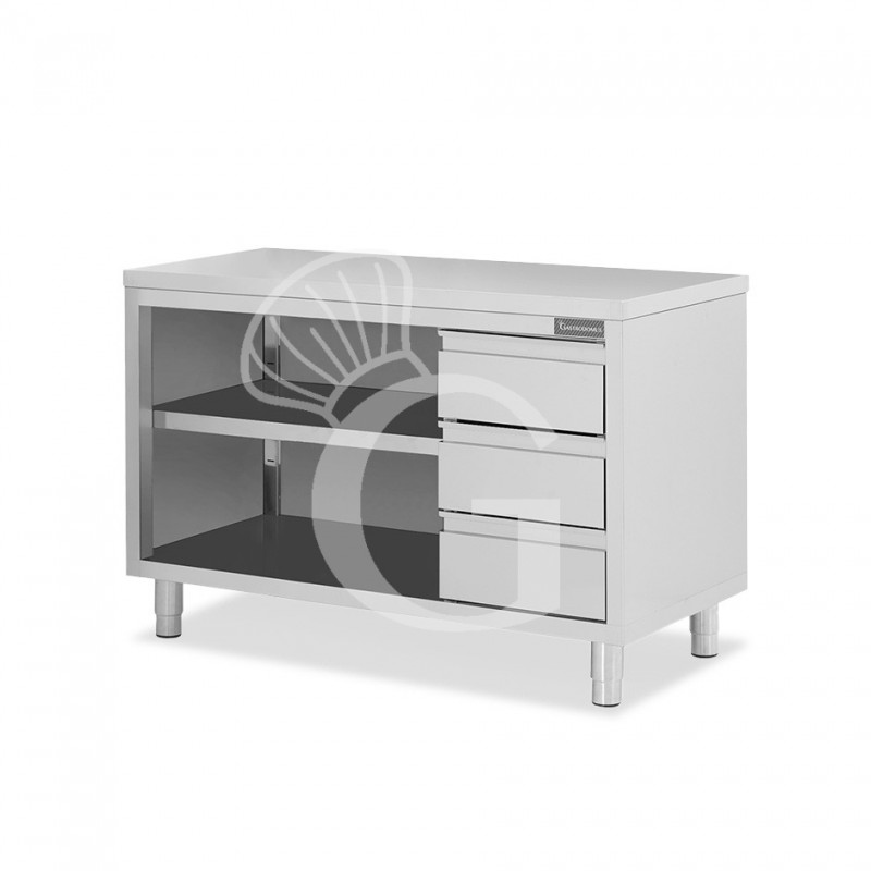 Mesa contrabarra de acero inoxidable con 3 cajones en el lado derecho L 1700 mm x P 600 mm x A 850 mm