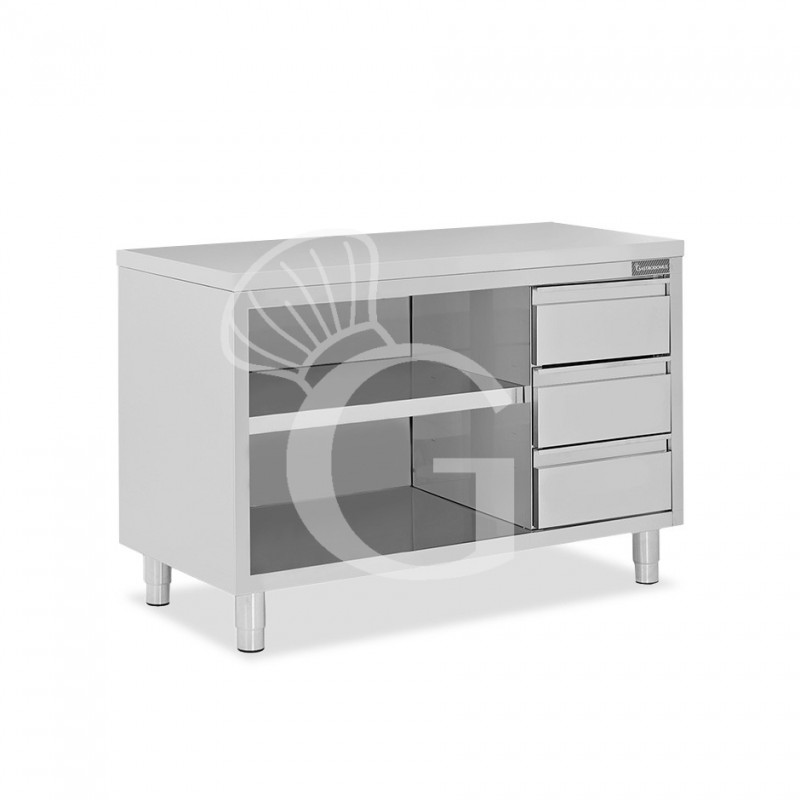 Mesa contrabarra de acero inoxidable 3 cajones en el lado derecho L 1700 mm x P 700 mm x A 850 mm